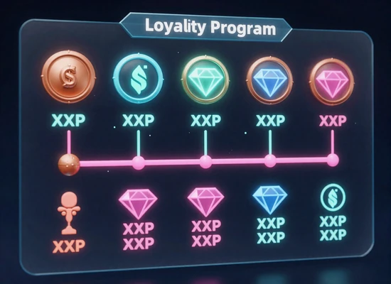 XON Casino Treueprogramm mit holografischen Achievement-Badges und Rang-System