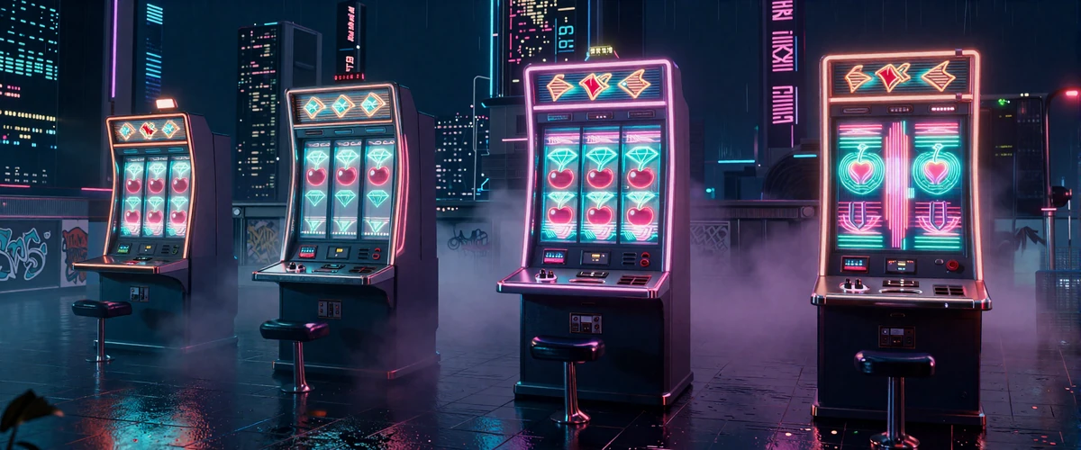 Futuristische 3D-Spielautomaten mit holografischen Walzen und Neon-Beleuchtung im Cyberpunk-Stil bei XON Casino