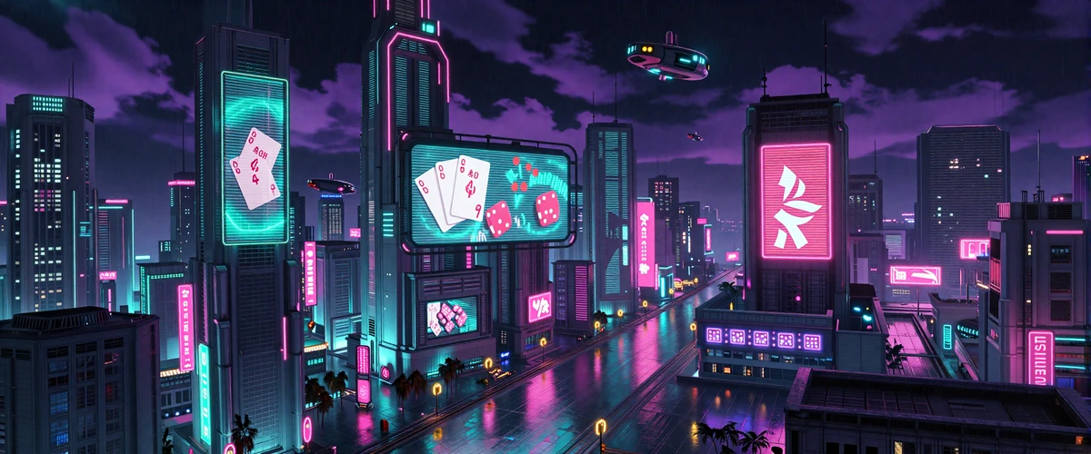 XON Casino futuristische Cyberpunk-City mit Neon-Leuchtreklamen und Casino-Hologrammen