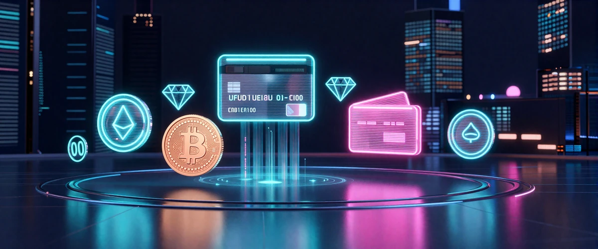 Holografische Zahlungsmethoden-&Uuml;bersicht mit Krypto- und Kartensymbolen bei XON Casino