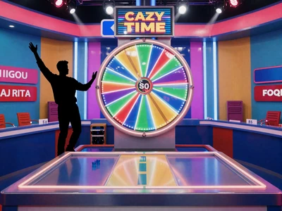 Crazy Time Live Game Show mit buntem Gl&uuml;cksrad und Moderator bei XON Casino