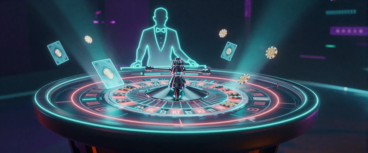 Holografischer Live-Casino-Tisch mit Roulette-Rad und Dealer-Silhouette im Cyberpunk-Stil bei XON Casino